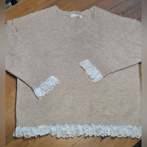 Altar'd State Cream V-Neck Sweater with White Lace Trim